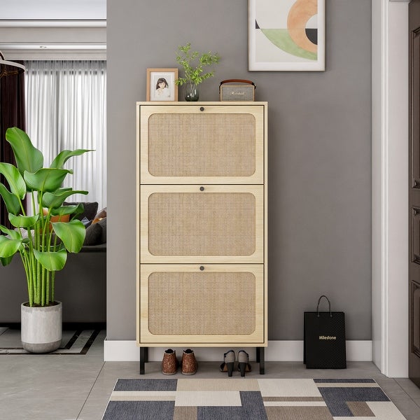 Natural Rattan 3 Door Shoe Rack， Freestanding Modern Shoe Storage Cabinet， for Entryway