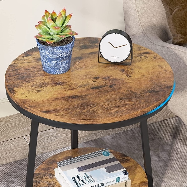 2 Tier Industrial Round Side End Table with Storage Living Room