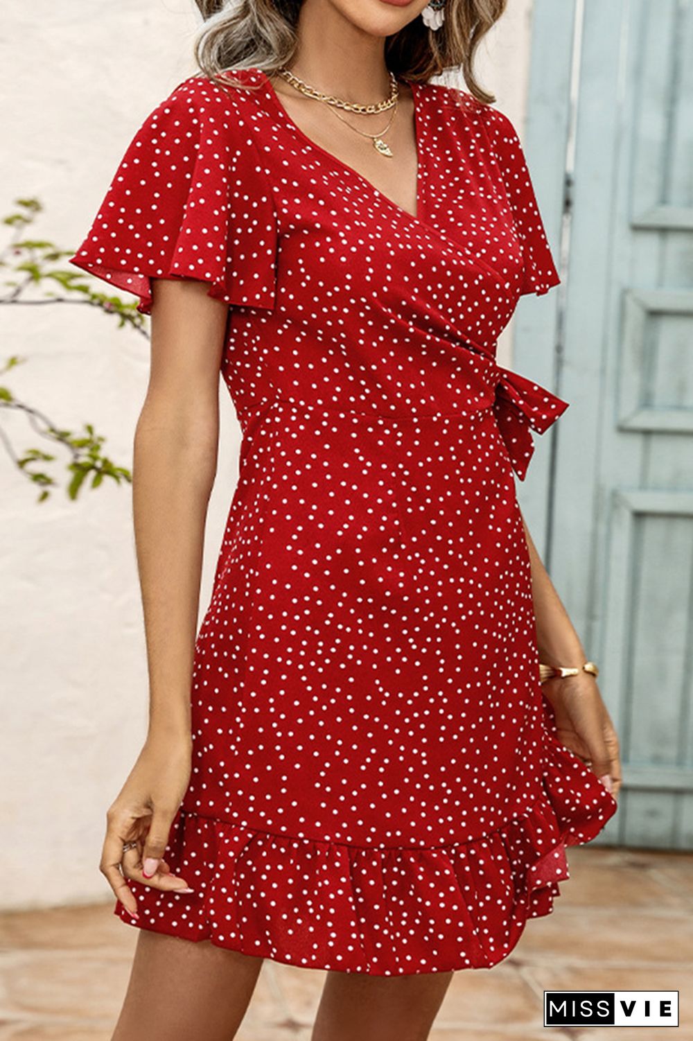 Polka Dot Print V Neck Short Dress Wholesale