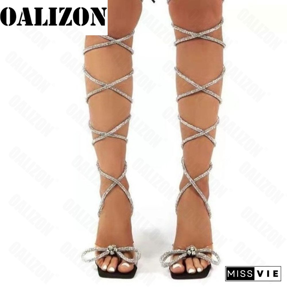 Summer New Strappy Thigh High Sandals Sexy Over The Knee High Heels Women Shoes Fashion Crystal Bow Party Pumps Lady Slides