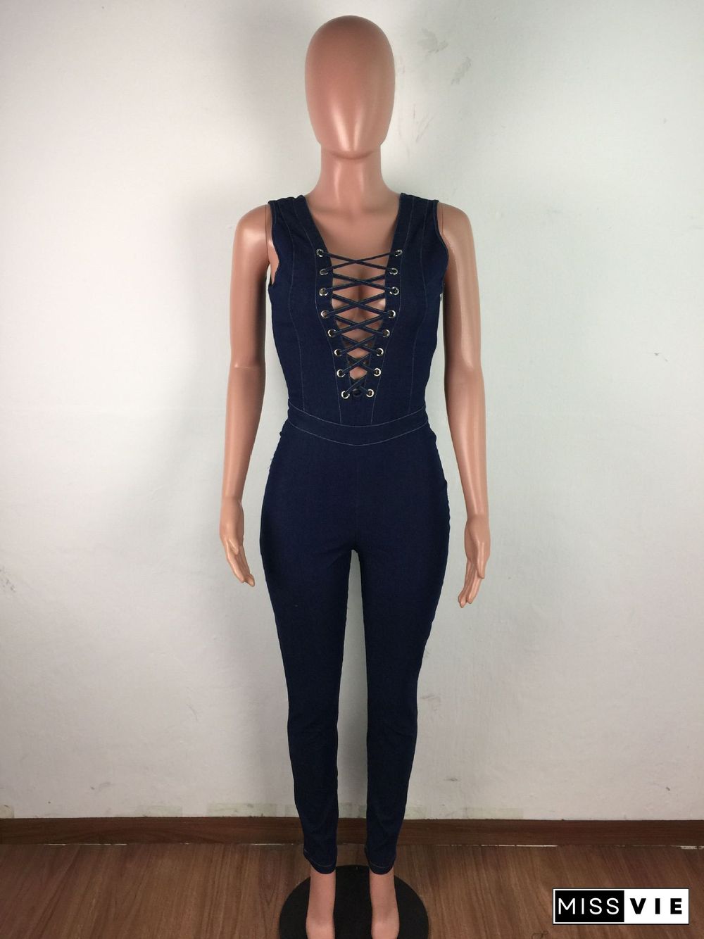 Hot Sale Deep V Sleeveless Lace Up Denim Overalls Jumpsuit