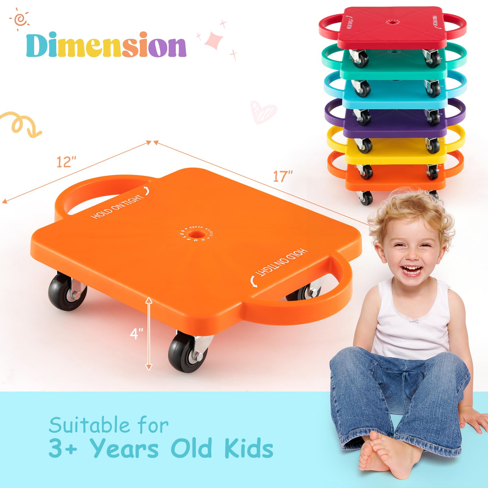 Sitting Floor Scooter Board with Handles & Non-Marring Casters for Kids