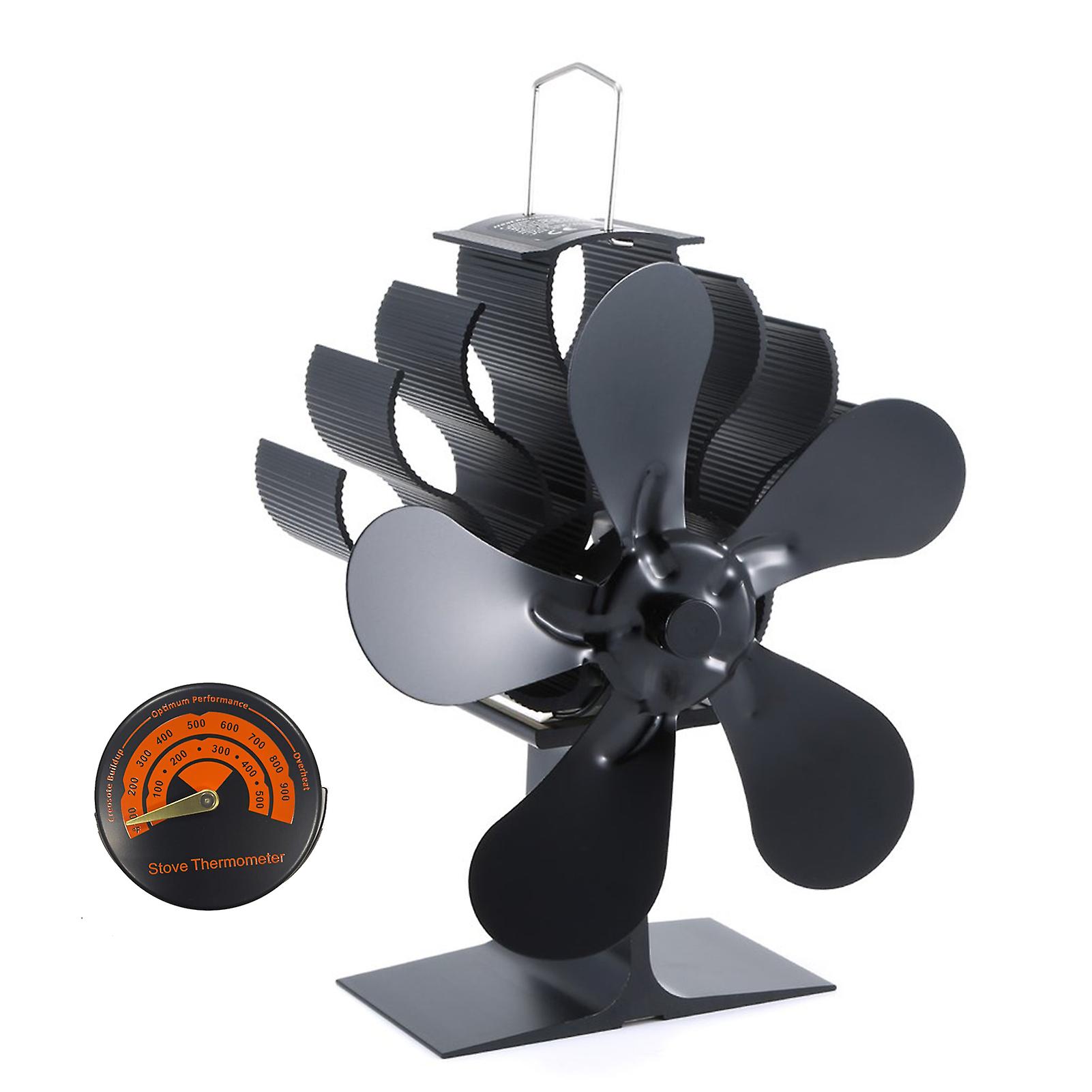 Black Fireplace Heat Powered Stove Fan Total 5 Blades Aluminum Alloy Wood Stove Fans Silent Eco-friendly With A Magnetic Stove Thermometer For Home Fi