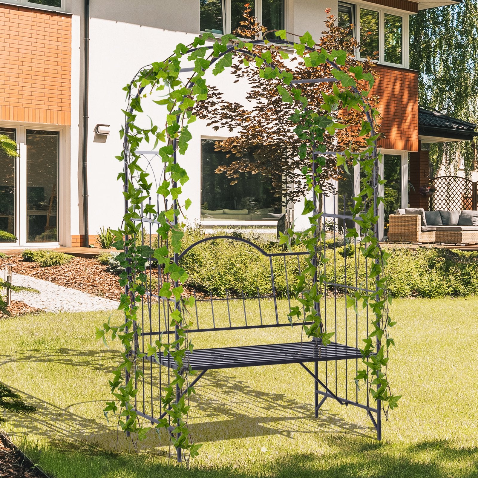 43” Steel Metal Outdoor Garden Arbor Arch with Bench Seat - Black