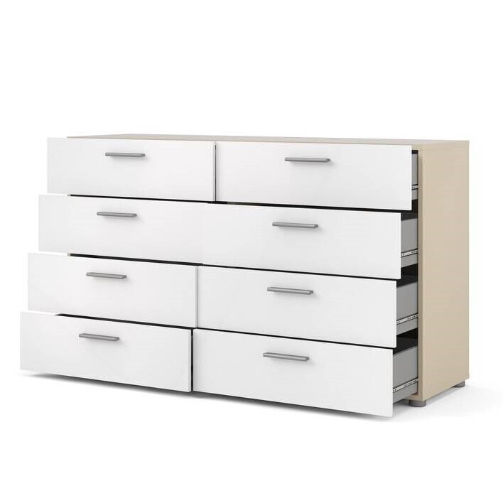 White Modern Bedroom 8 Drawer Double Dresser with Oak Finish Sides and Top