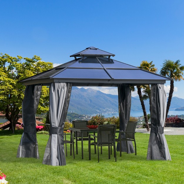 Outsunny Hardtop Gazebo Outdoor Polycarbonate Canopy Aluminum Frame Pergola With Double Vented Roof Netting amp Curtains For Garden