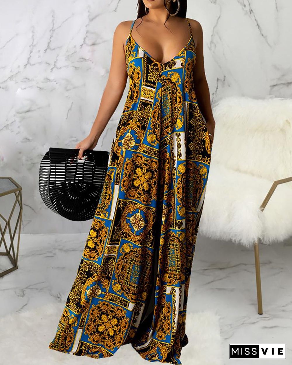 Scarf Print Ruched Sleeveless Maxi Dress