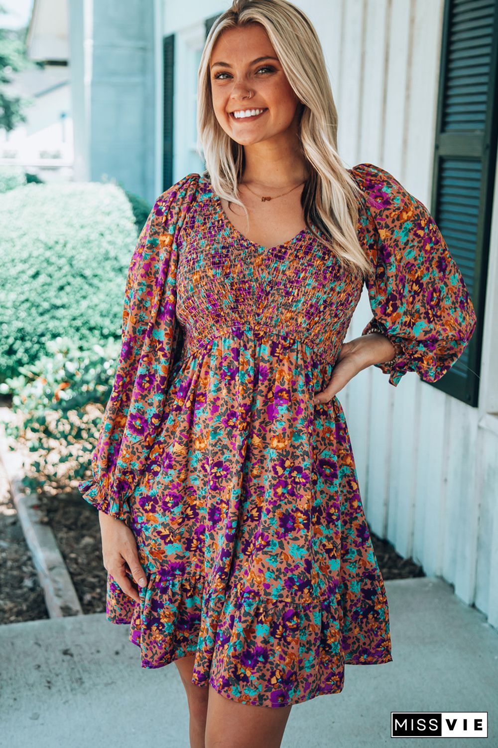 Purple Smocked V Neck Puffy Sleeve Floral Dress