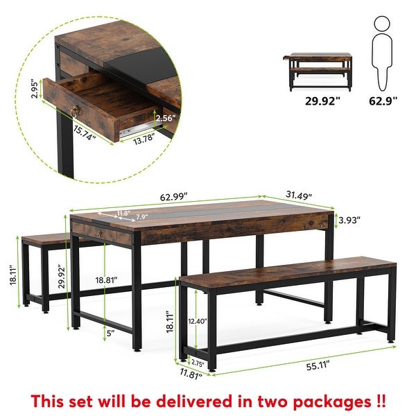 3 Piece Industrial Dining Table Set with Bench and Sided Drawer for Kitchen