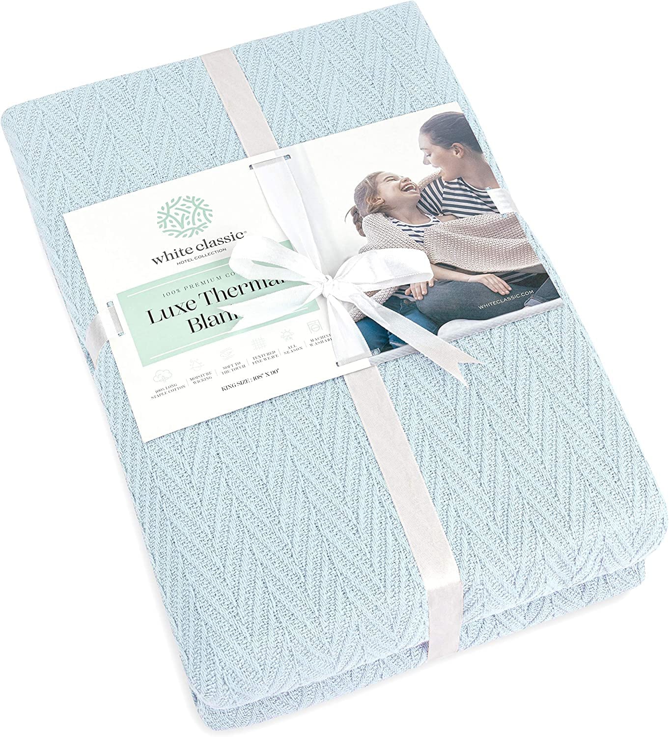 Luxury Thermal Cotton Blankets， King Size- Light Blue