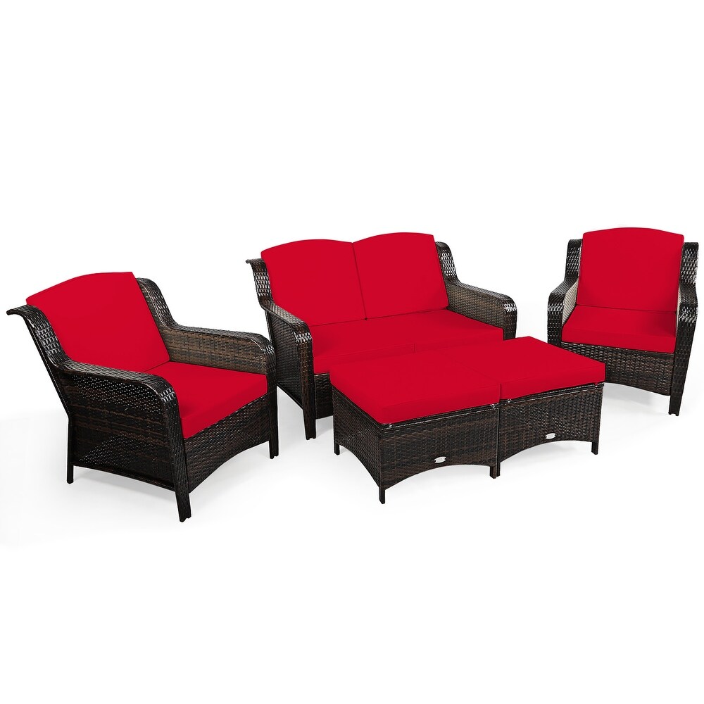 Costway 5PCS Patio Rattan Furniture Set Loveseat Sofa Ottoman