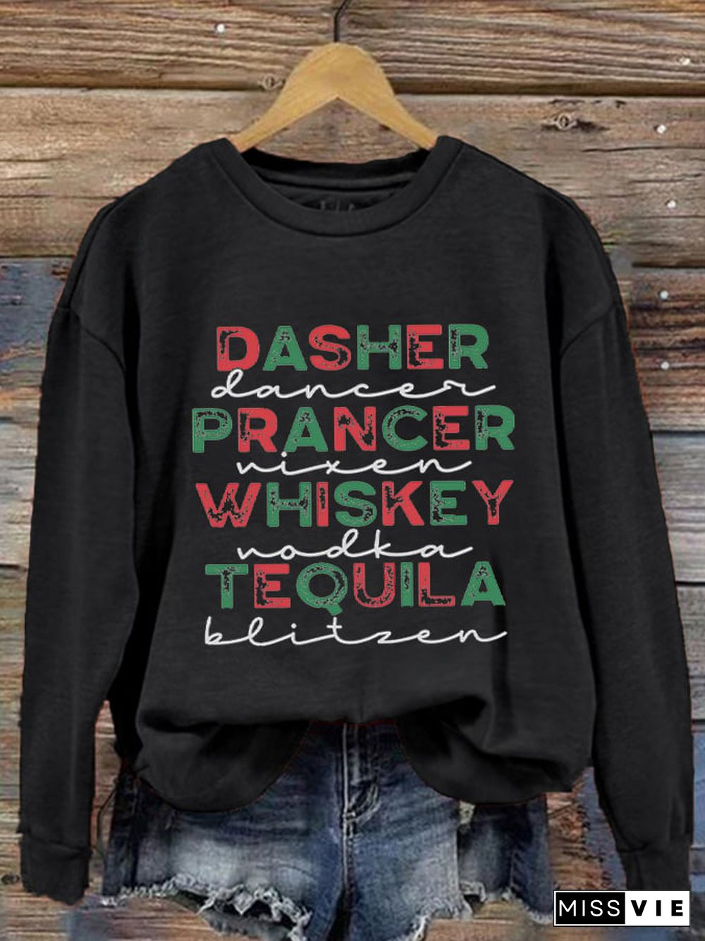 Women's Funny Christmas Dasher Dancer Prancer Vixen Comet Cupid Donner Blitzen Rudolphr Printed Sweatshirt