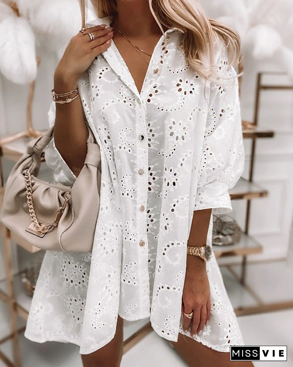 Solid Color Hollow Single-breasted Long Shirt Dress White Dresses