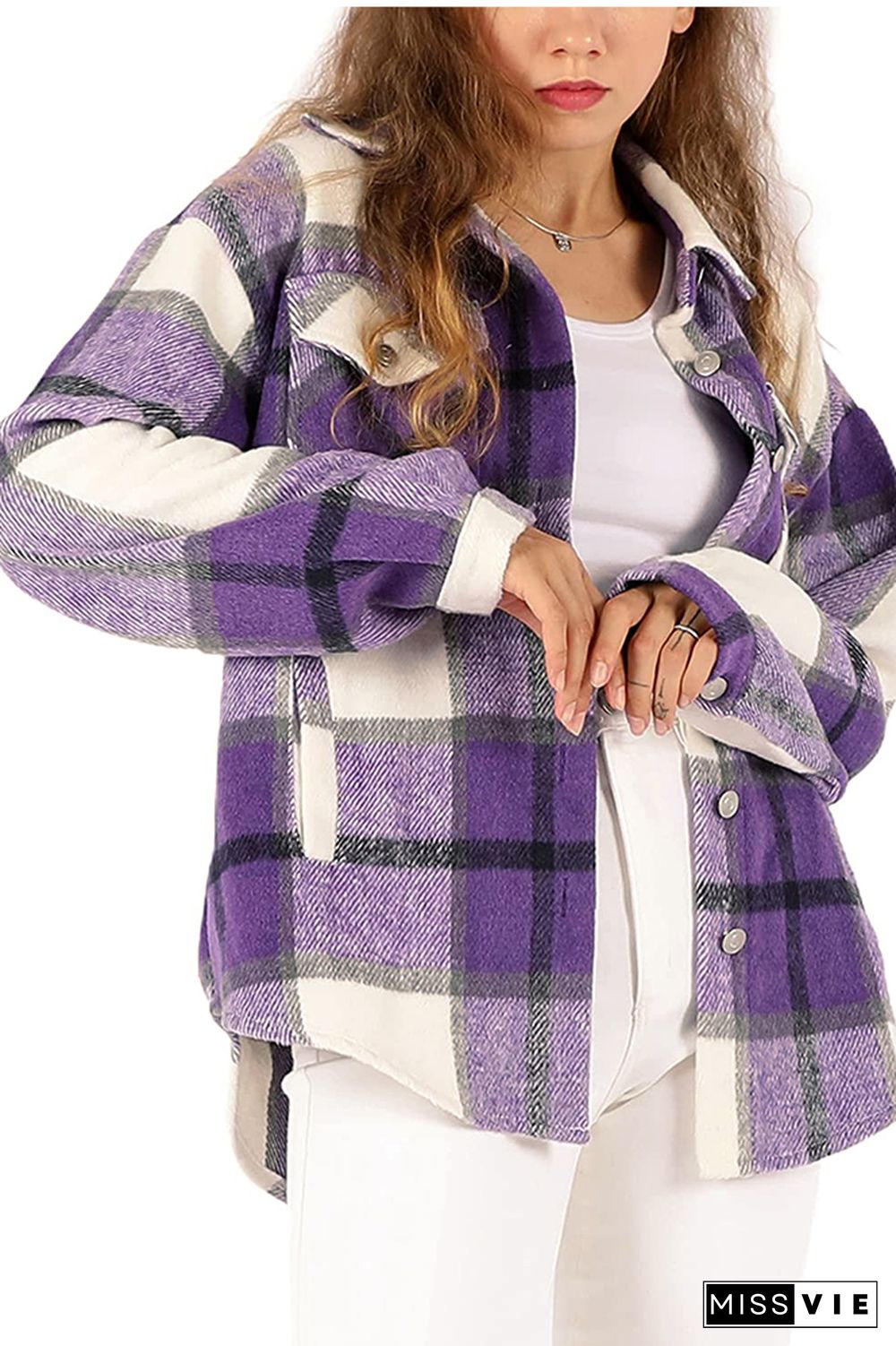 Plaid Button Down Pocketed Shacket Jackets Women Wholesale