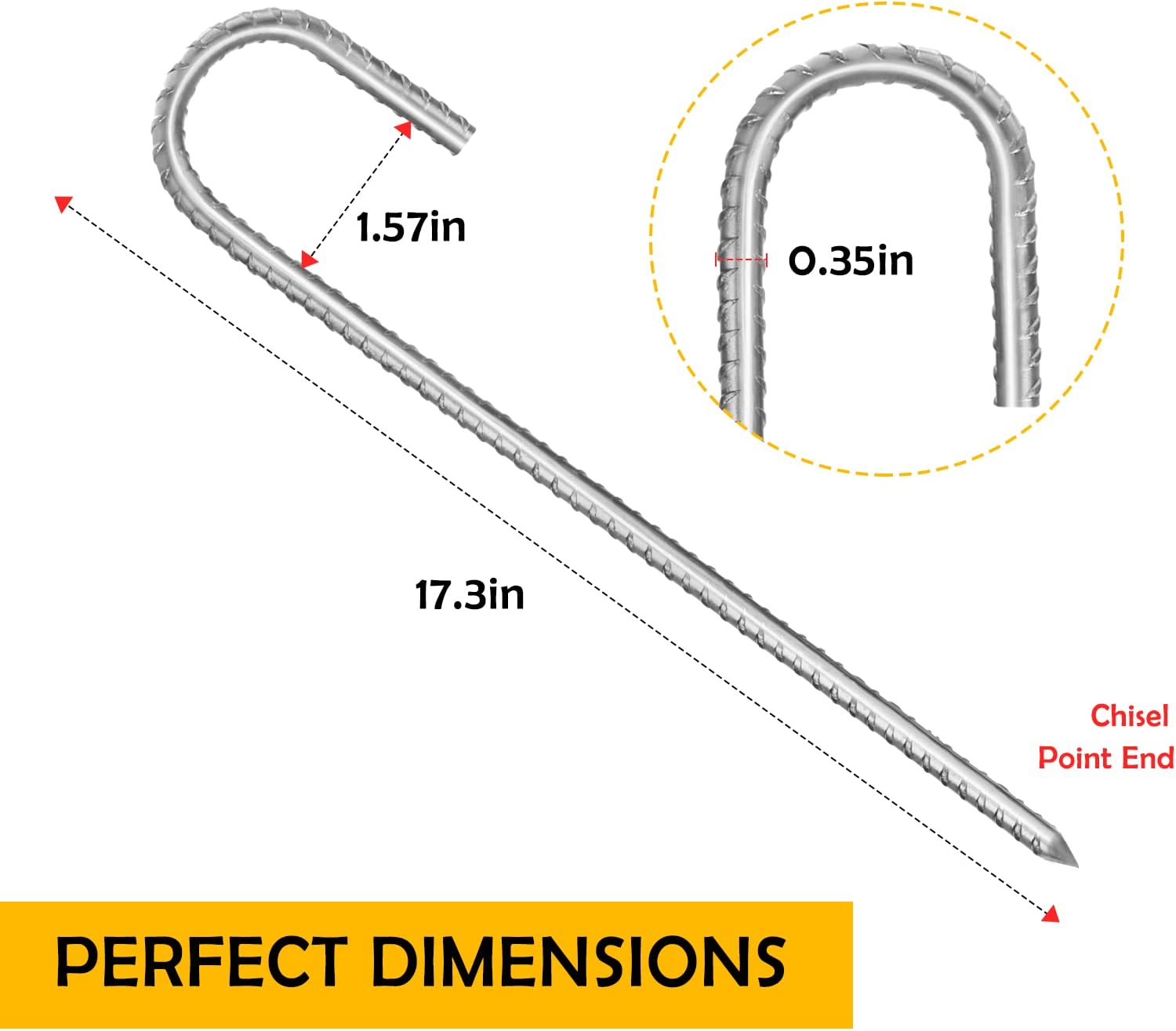 Urban Deco 17 Inch 8 Pack Rebar Stakes J Hook, Heavy Duty Galvanized Metal Stakes, Silver Ground Anchors with Point End,Rustproof Ground Stakes Tent Stakes ( 17in-8pk-silver)