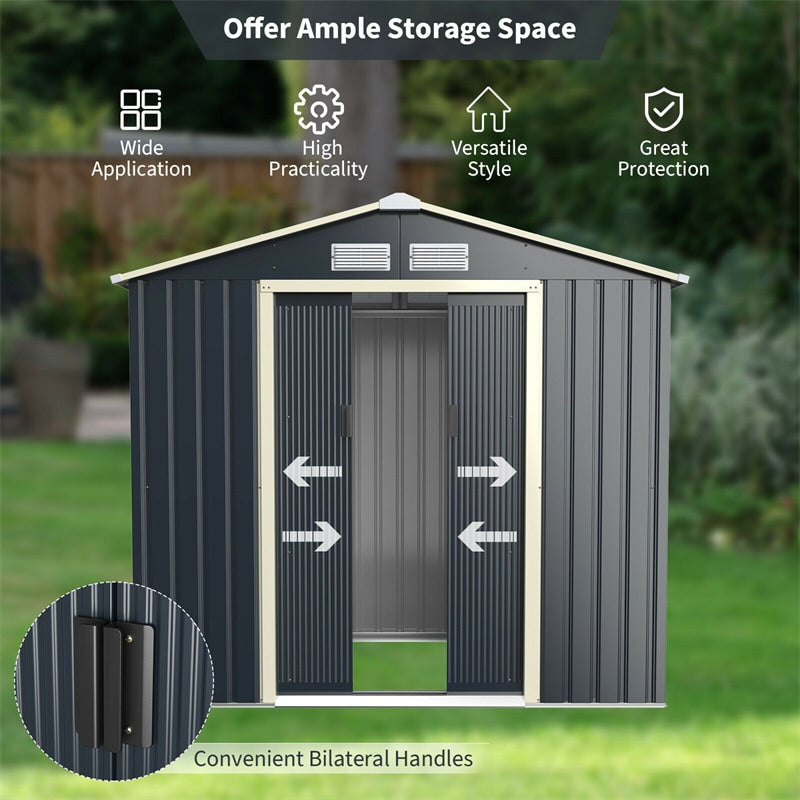 7 x 4 FT Outdoor Metal Storage Shed with 4 Air Vents & Sliding Double Lockable Doors, Backyard Tool Shed Garden Storage House