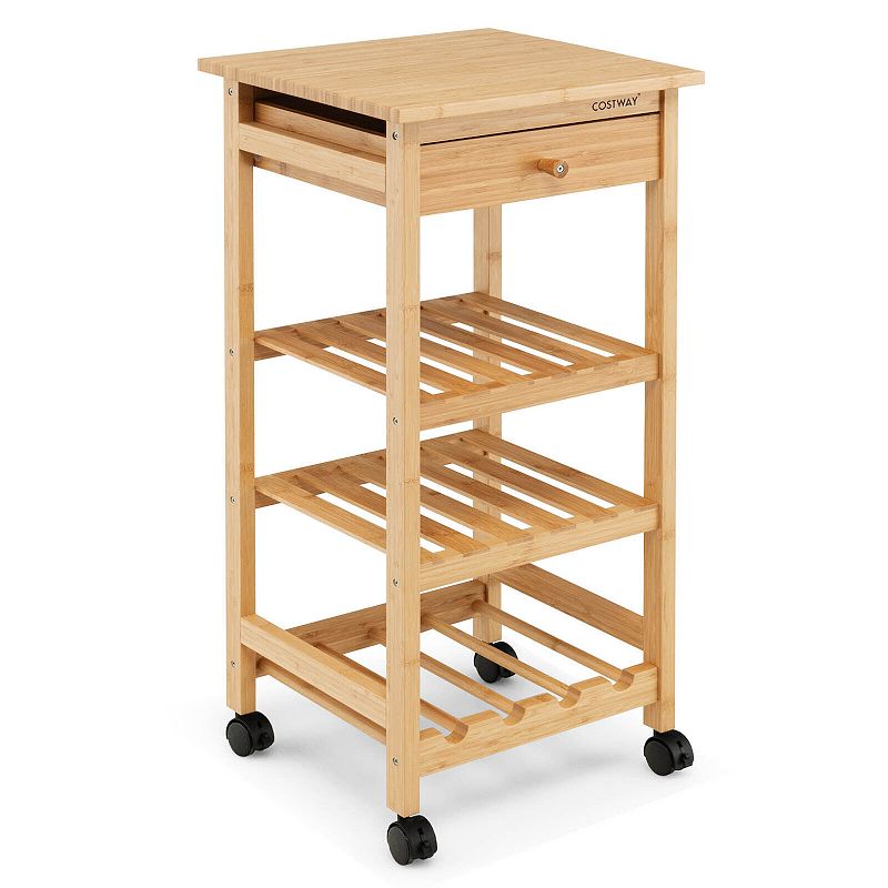 Wicker Rolling Kitchen Trolley Cart with Drawer and Wine Rack-Natural