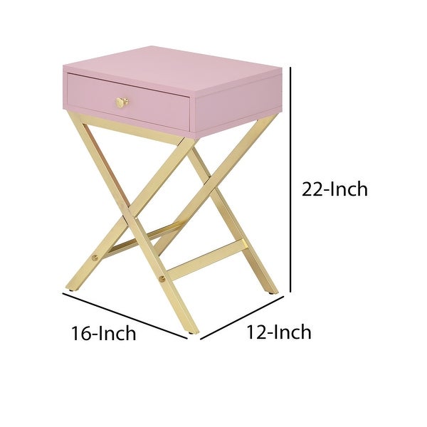 Wood and Metal Side Table with Crossed Base， Pink and Gold