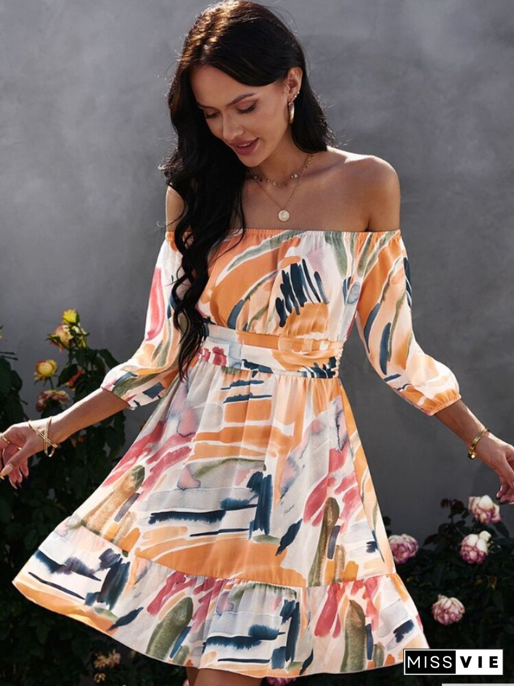 New Spring Summer Fashion Print Dress Female Off-shoulder Straight-neck Short Skirt Temperament Casual Vacation Wear Dresses