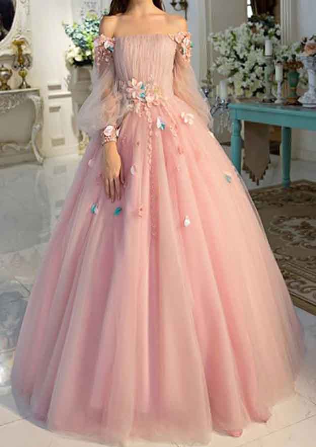 A-Line Off The Shoulder Long Sleeve Tulle Prom Dress/Evening Dress with Pleated Detail