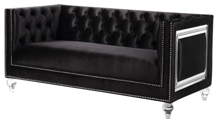 ACME Heibero Button Tufted Velvet Upholstered Loveseat with 2 Pillows in Black   Traditional   Loveseats   by Homesquare  Houzz