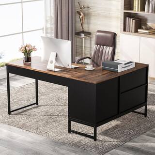 BYBLIGHT Lanita 60 in. L Shaped Desk Rustic Brown Black Engineered Wood Metal Frame Computer Desk with File Cabinet BB-XK00149-RM