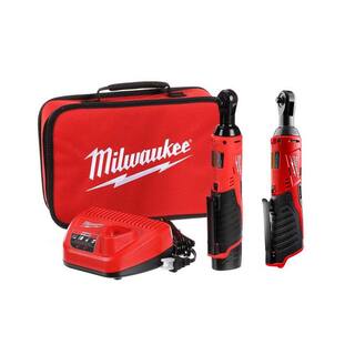 MW M12 12V Lithium-Ion Cordless 38 in. and 14 in. Ratchet Kit (2-Tool) with Battery Charger and Bag 2457-21-2456-20