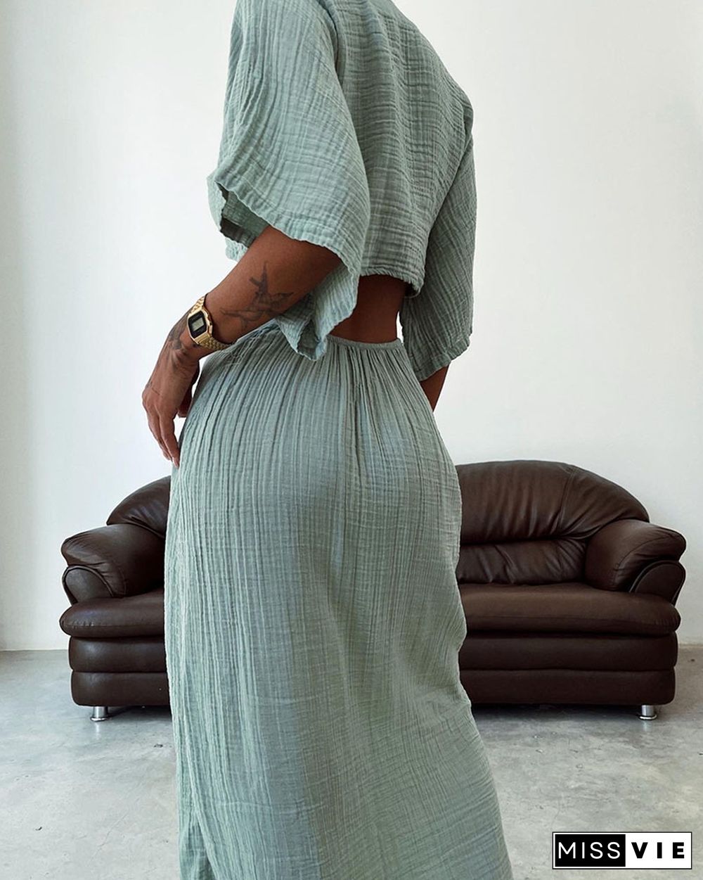 Lace-up exposed waist cotton and linen dress