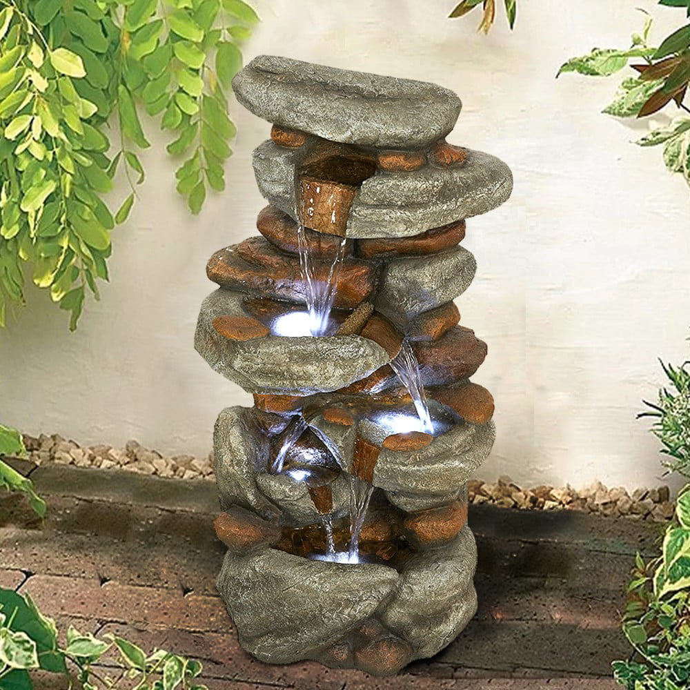 Watnature 4-Tier Rock Water Fountain with LED Lights - Outdoor Water Fountains Cascading Floor Water Feature Art Decor for Garden， Pation， Deck， Porch