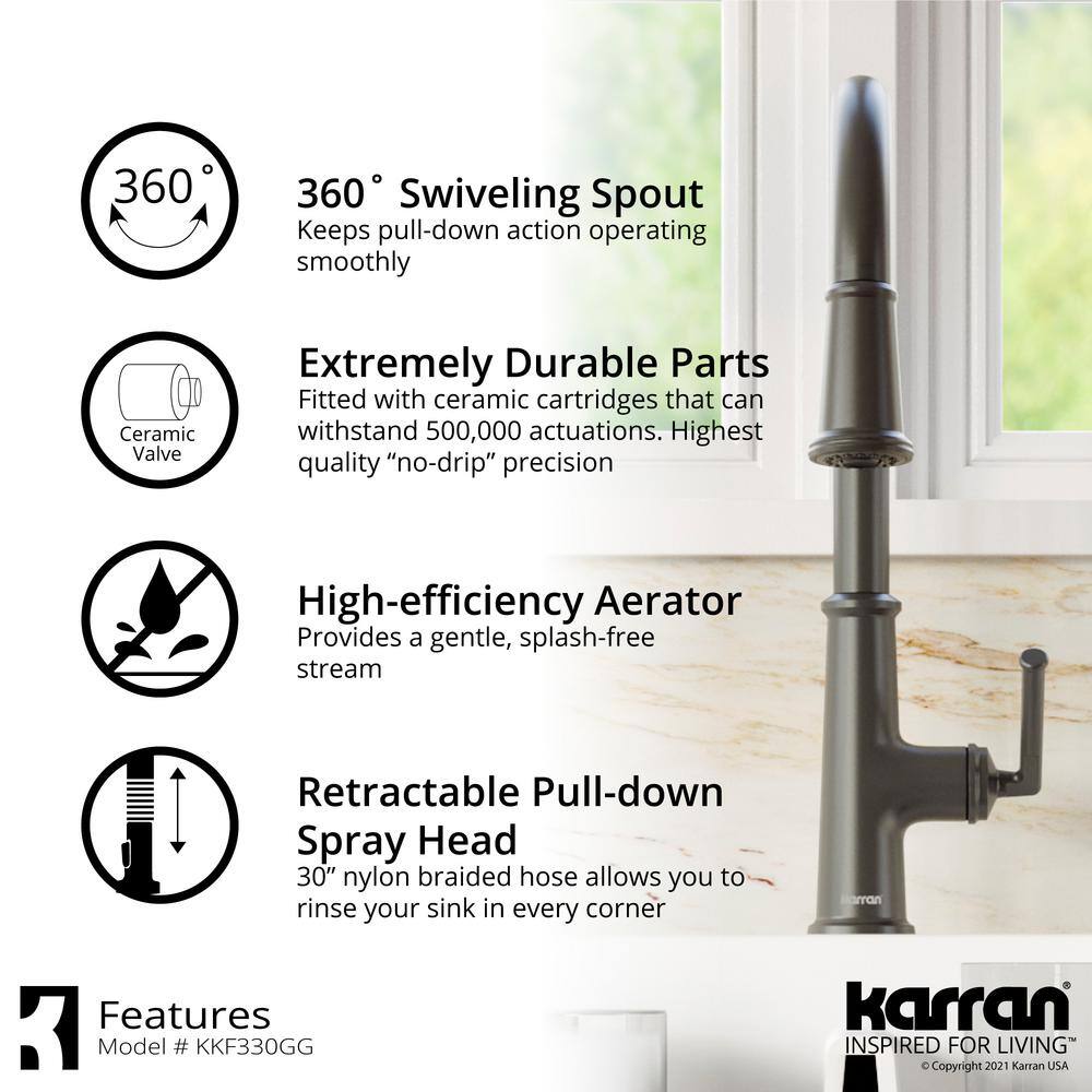 Karran Elwood Single Handle Pull Down Sprayer Kitchen Faucet in Gunmetal Grey KKF330GG