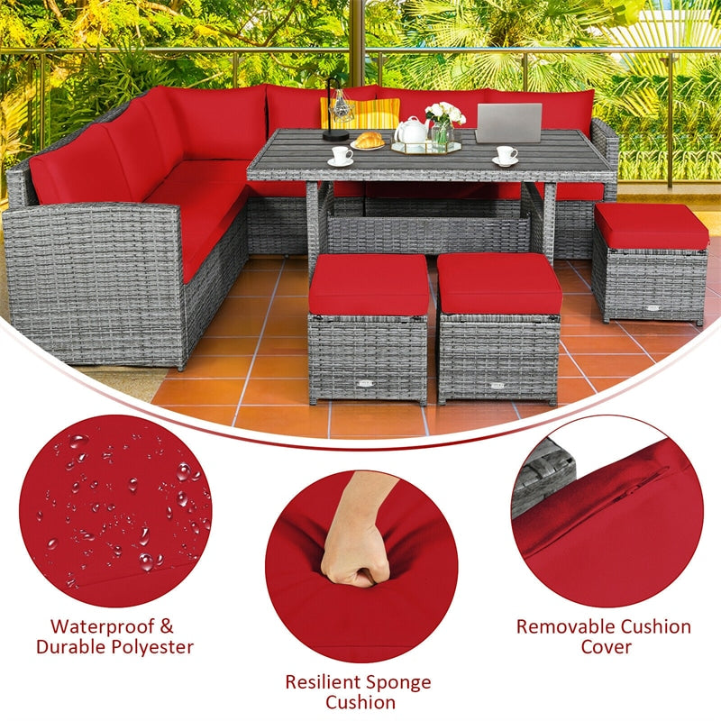 7 Pcs Rattan Patio Dining Furniture Sectional Sofa Set with Dining Table, Ottomans & Cushions