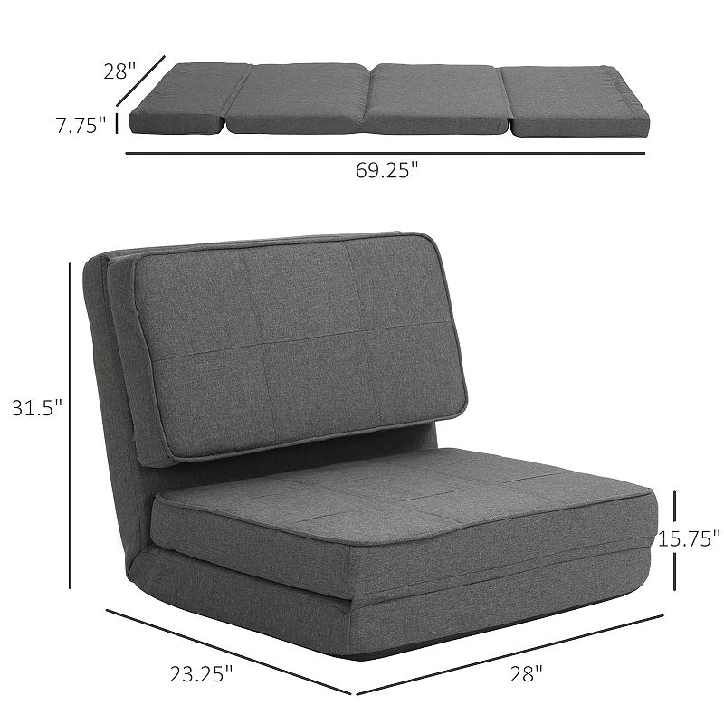 HOMCOM Convertible Flip Chair Folding Upholstered Floor Sofa Adjustable Guest Chaise Lounge Dorm Bed with Metal Frame for Living Room and Bedroom Dark Grey