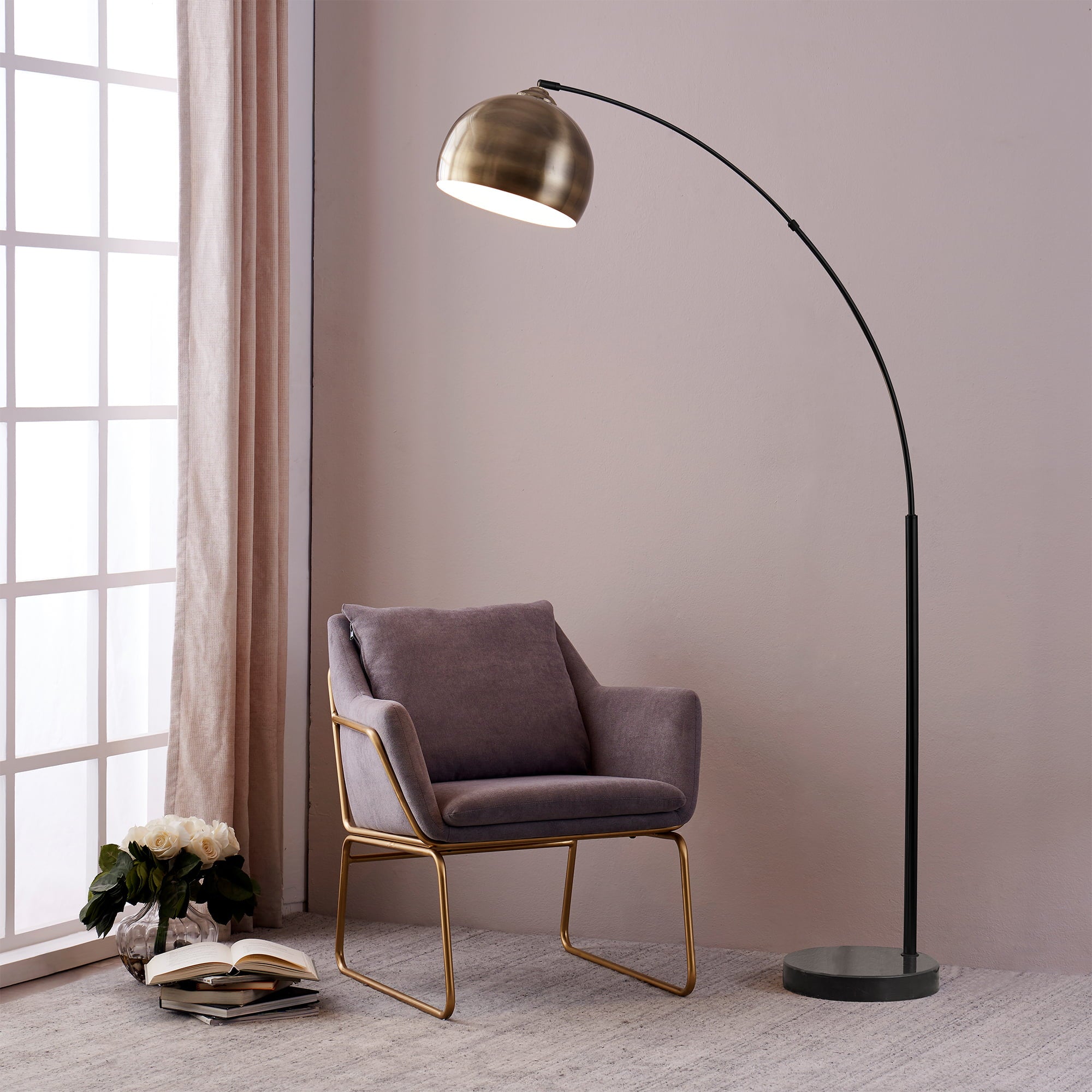 Versanora - Arquer Arc Floor Lamp With Marble Base, Antique Brass Finished Shade