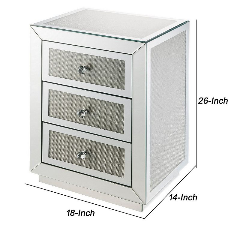 3 Drawer Mirrored Accent Table with Faux Diamond Inlay， Silver