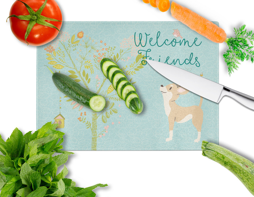 Welcome Friends Brown White Chihuahua Glass Cutting Board  Large   Contemporary   Cutting Boards   by the store  Houzz