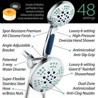 Hotel Spa Antimicrobial 48-Spray 6 in. High Pressure 3-Way Dual Rain Shower Head  Handheld Shower Head Combo in Chrome 6745