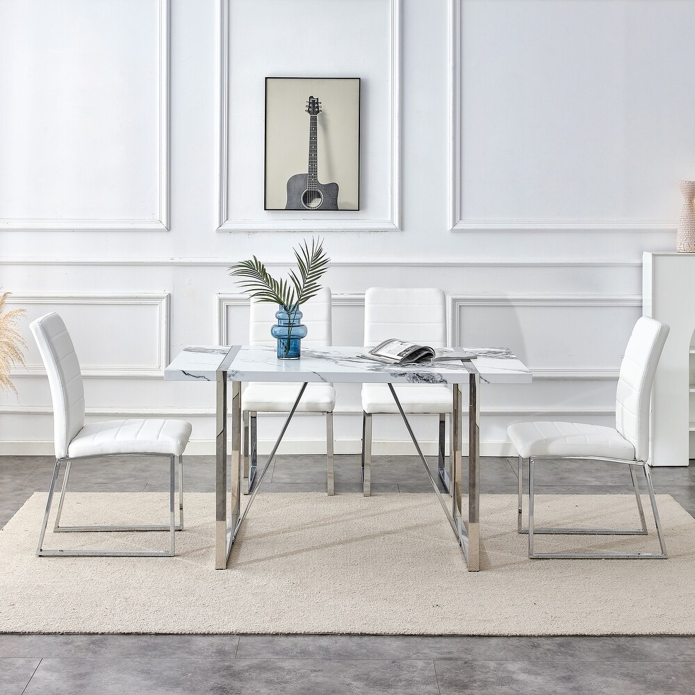 Dining Table Chairs Set for 4  Rectangular Faux Marble Table   Leather Chairs