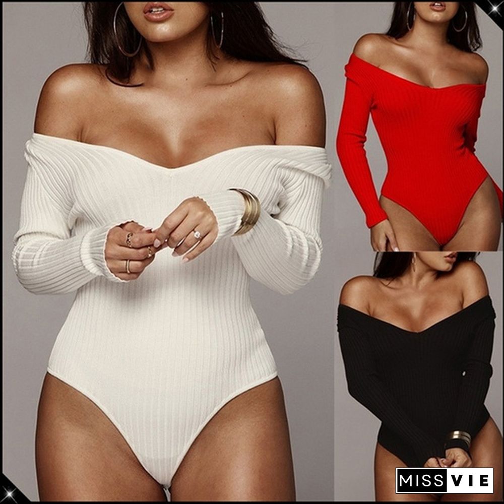 Women Summer Long Sleeve Bodysuit Choker Romper Deep V Neck Bodycon Playsuit One Piece Fitness Jumpsuit