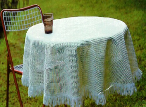 Vinyl Tablecloth Macramé Design with Polyester Fringe， Wind， Weather， Heat， Stain， Wrinkle and Fade Resistant， Non-Skid， Perfect for Patio， Kitchen， Dining and Parties， Light Beige (60” Round)