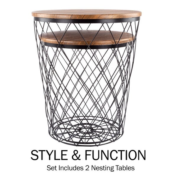 Set of 3 Living Room Tables - Metal Basket Storage with Removable Lids - 2 Small Side and 1 Large Accent Table (Brown/Black)