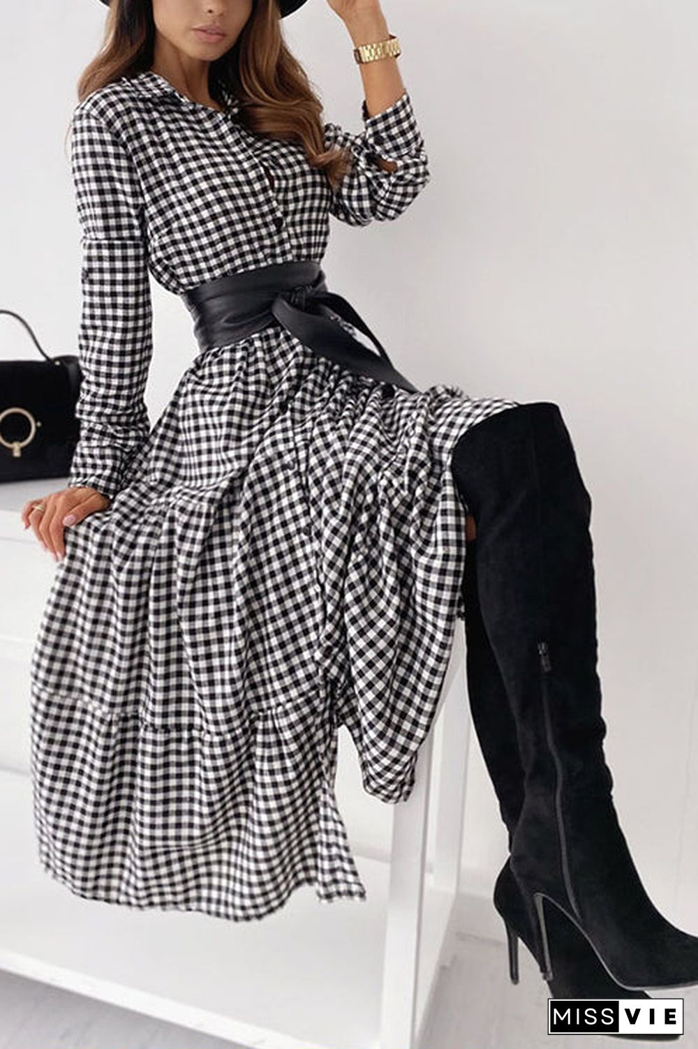 Pliad Button Ruffles Long Sleeve Maxi Dress