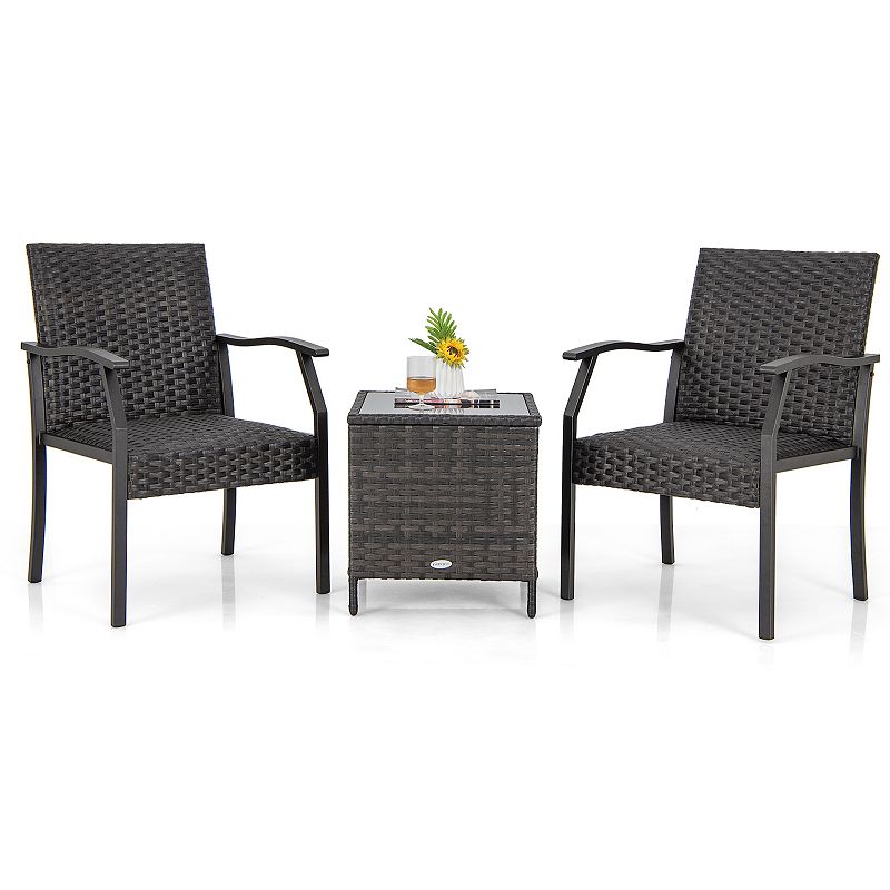 3 Piece Patio Wicker Chair Set With Quick - Drying Cushions