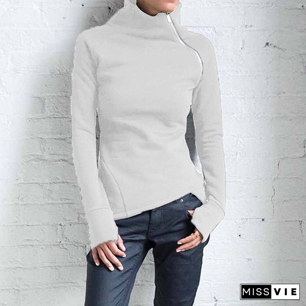 Autumn Winter Ladies Casual High Collar Zipper Long Sleeve Sweater Finger Jacket Women's Clothing