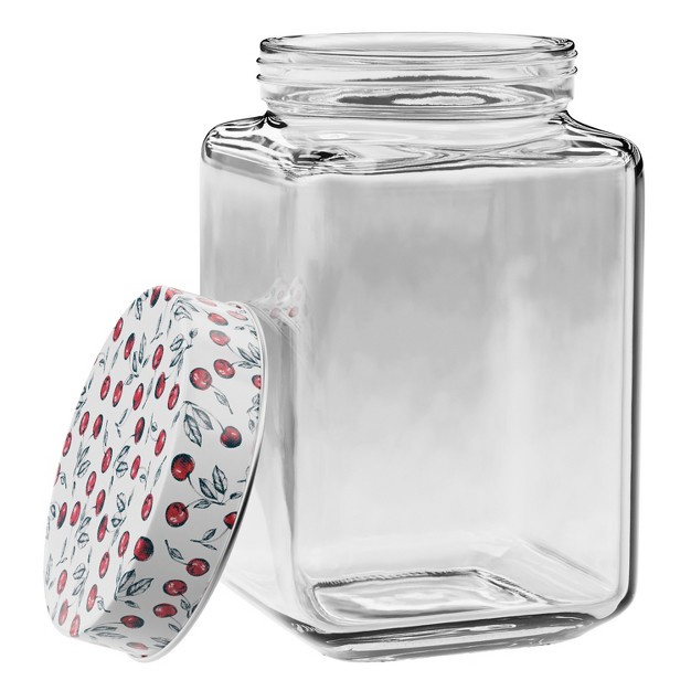 American Atelier Square Clear Glass Jars Set Of 3 Cherry Design On Airtight Lid For Coffee Beans And Dry Goods 45 63 And 74 ounce Capacity