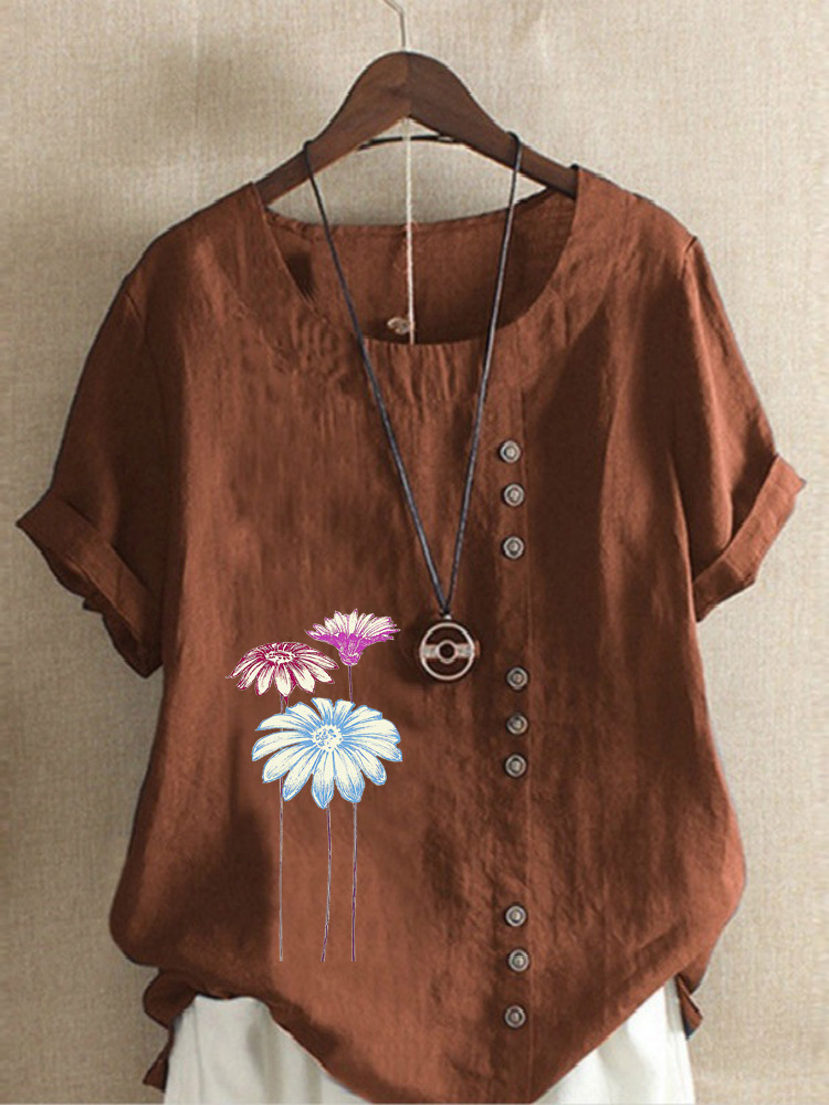 Round Neck Casual Loose Floral Short Sleeve Blouse