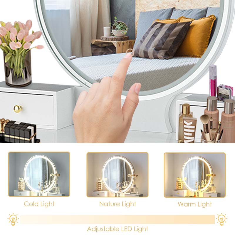 Modern Makeup Vanity Set with Touch Screen Dimming Mirror and 3 Color LED Lighting Modes, Jewelry Divider Dressing Table