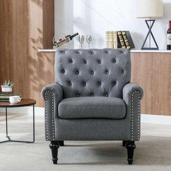 Linen Fabric Accent Armchair Tufted Upholstered Sofa， Dark Gray