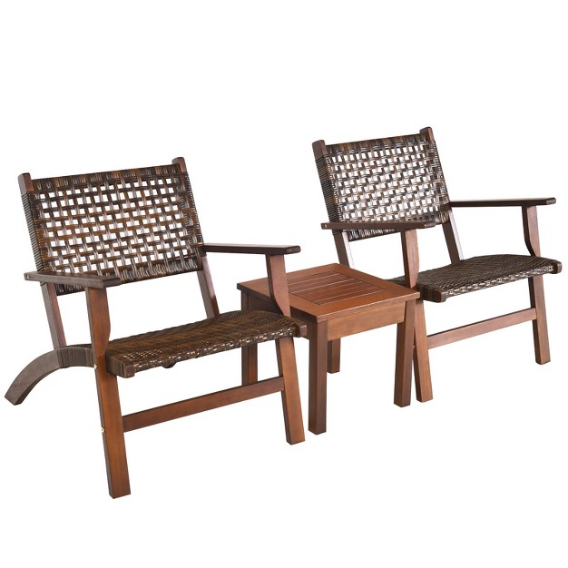 Tangkula 3 Pieces Outdoor Eucalyptus Wood Bistro Set Modern Hand woven Pe Wicker Conversation Set