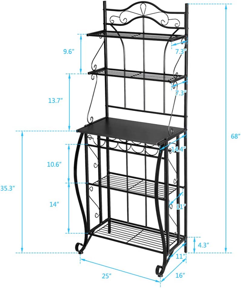 ROVSUN Upgrade Multiuse 5-Tier Metal Kitchen Bakers Rack ， Microwave Storage Rack Oven Stand with Wine Storage Organizer Workstation Black (25 x 16 x 68)