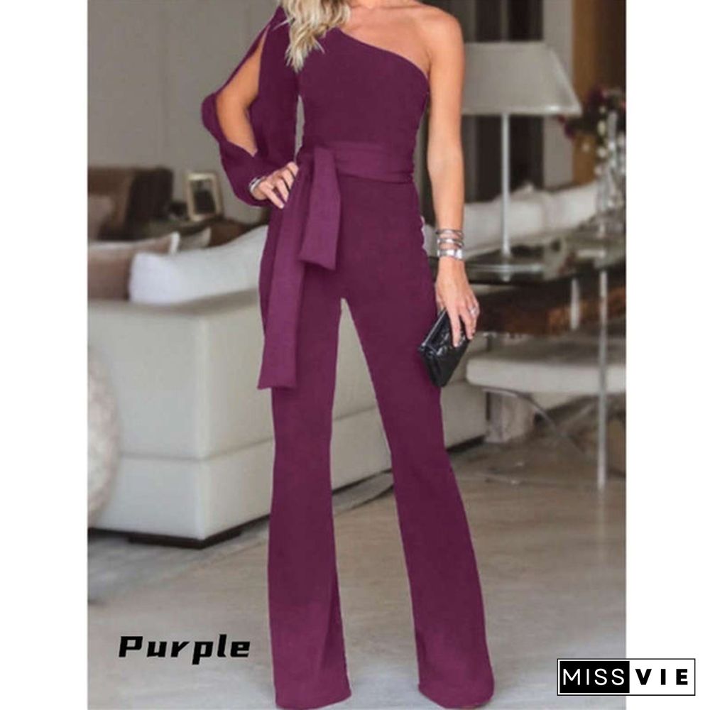 New Women Fashion Belted Overalls Pure Color Personality Oblique Shoulder Long Jumpsuit